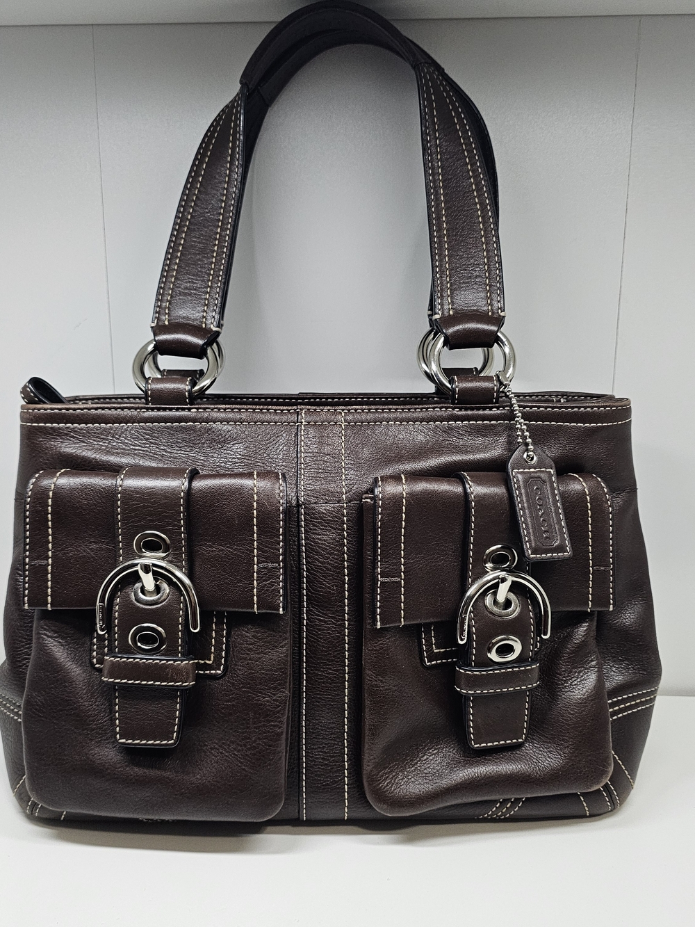 Coach Vintage Brown Leather Tote with Front Buckle Pockets